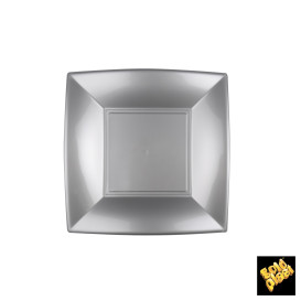 Plato de Plastico Llano Cuadrado Plata 180mm (150 Uds)
