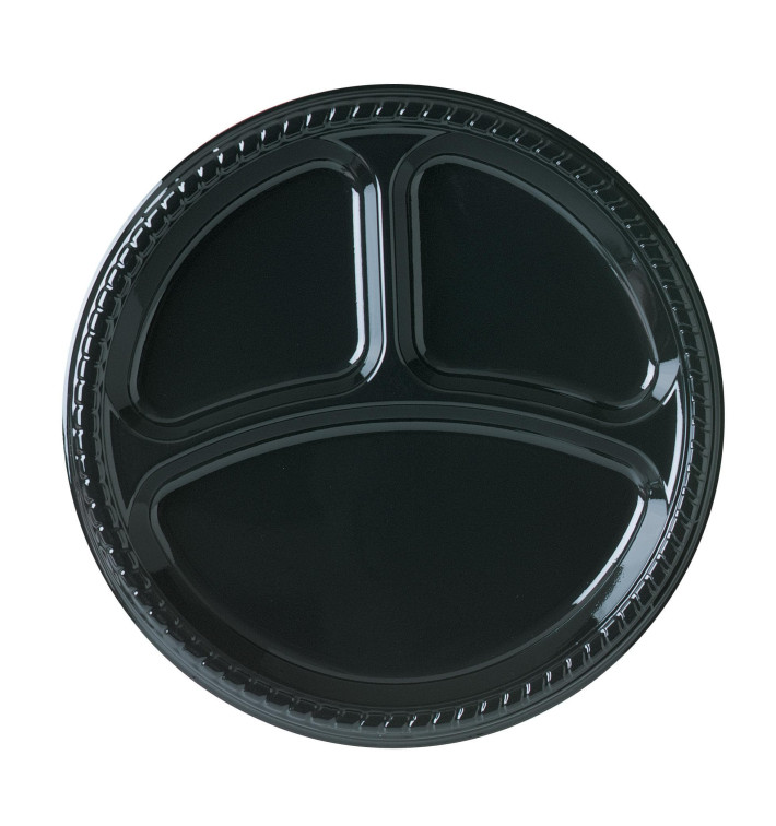 Plato de Plastico Party PS Llano Negro 3 compartimentos Ø260mm (25 Uds)