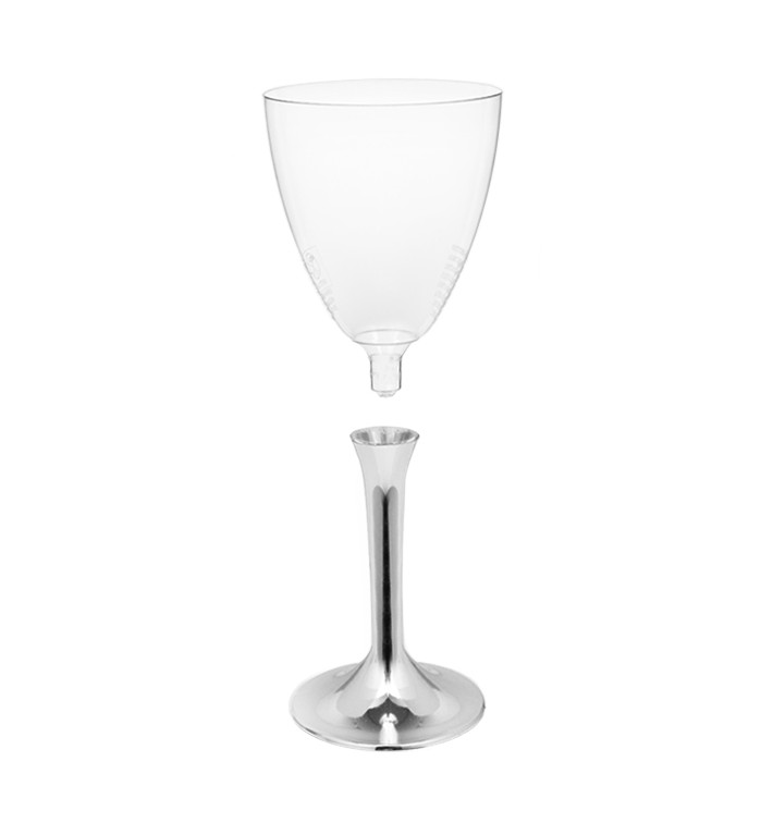 Copa de Plastico Vino con Pie Plata Cromado 180ml (20 Uds) Copa de Plastico Vino con Pie Plata Cromado 180ml (20 Uds)