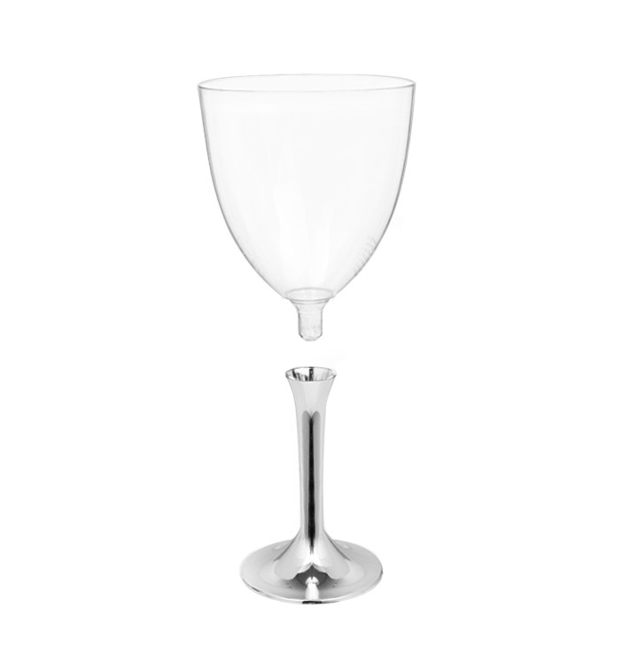 Copa de Plastico Vino con Pie Plata Cromado 300ml (20 Uds) Copa de Plastico Vino con Pie Plata Cromado 300ml (20 Uds)