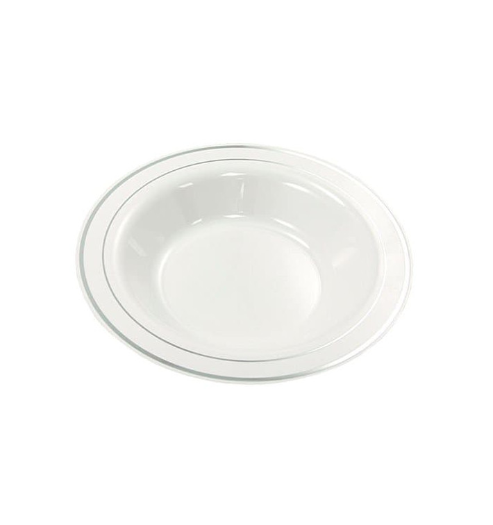 Plato Plastico Extra Rigido Hondo con Ribete Plata 23cm (200 Uds)