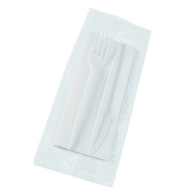 Set Tenedor, Cuchillo y Servilleta Blanco (25 Uds)