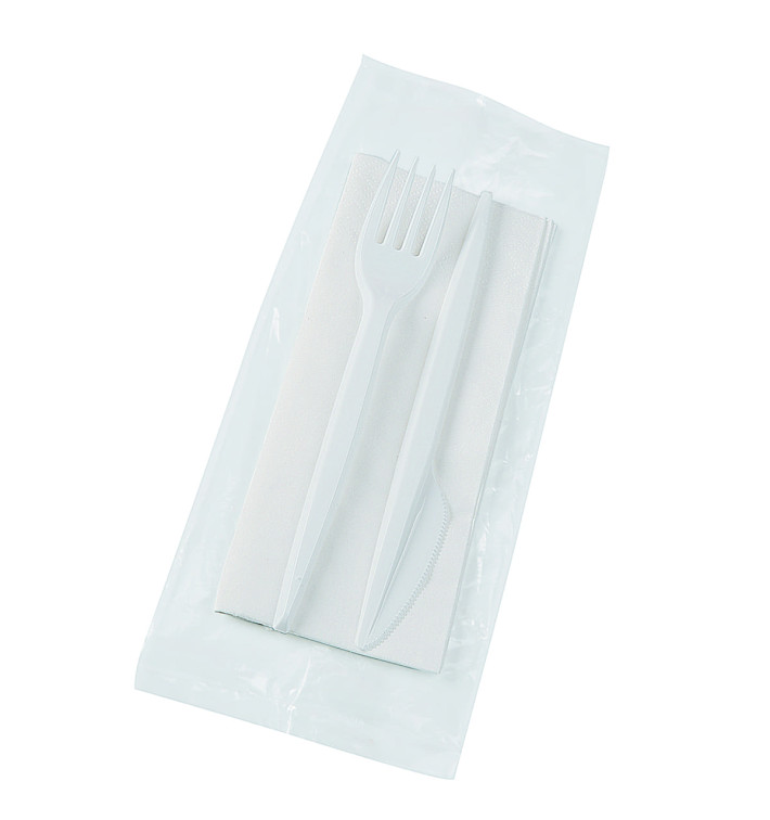 Set Tenedor, Cuchillo y Servilleta Blanco (250 Uds)