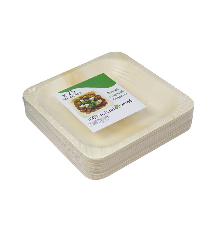 Plato de Madera Cuadrado 14x14cm (25 Uds) Plato de Madera Cuadrado 14x14cm (25 Uds)