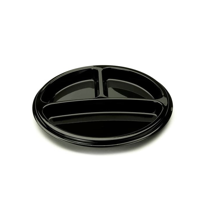 Plato Plastico Redondo 3 Compartim. Negro 26 cm (250 Uds)