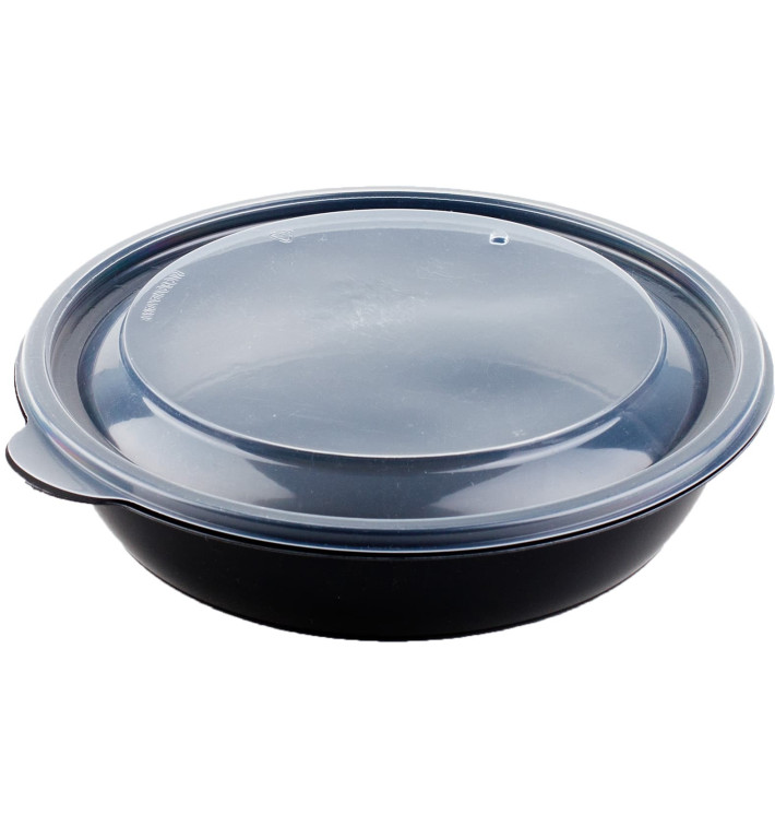 Tarrina de Plástico Negro PP con tapa 750ml Ø19x4cm (15 Uds)