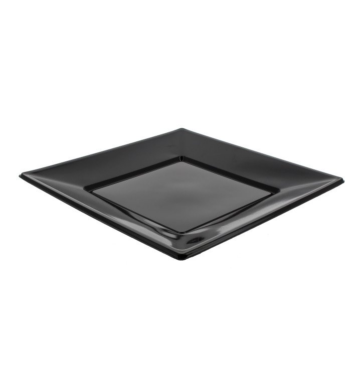 Plato de Plastico Llano Cuadrado Negro 230mm (750 Uds)