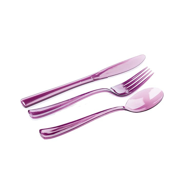 Kit Cubiertos Plastico Tenedor, Cuchillo, Cuchara Berenejena (20 Kits)