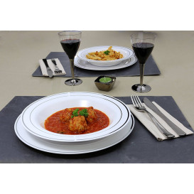 Plato Plastico Extra Rigido Hondo con Ribete Plata 23cm (200 Uds)
