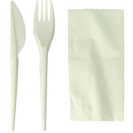 Set Cubiertos Tenedor, Cuchillo y Servilleta Almidón Maíz PLA (100 Uds)