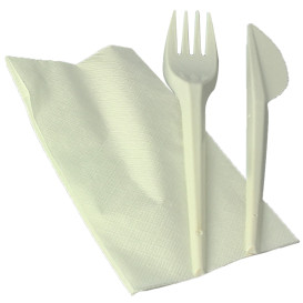 Set Cubiertos Tenedor, Cuchillo y Servilleta Almidón Maíz PLA (250 Uds)