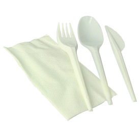 Set Cubiertos Tenedor, Cuchara, Cuchillo y Servilleta Almidón Maíz PLA (100 Uds)