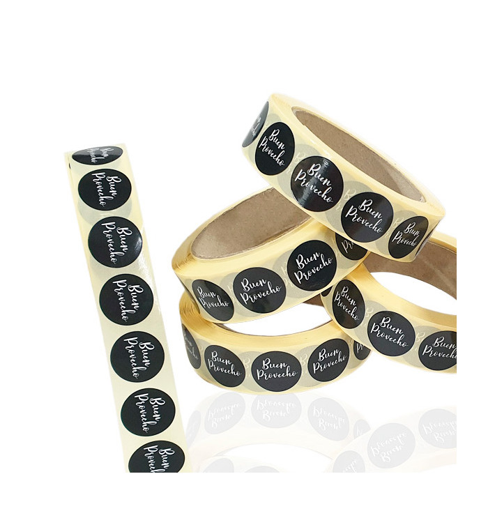Rollo Adhesivo Circular “Buen Provecho” Ø2,5cm (1000 Uds)