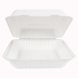 Envase Bisagra Caña de Azúcar + PLA Blanco 23x23x7,5cm (200 Uds)