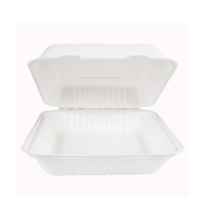 Envase Bisagra Caña de Azúcar + PLA Blanco 23x23x7,5cm (200 Uds)
