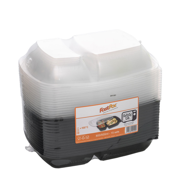 Envase PP Negro 2C con tapa 1300ml 28x20cm (90 Uds) Envase PP Negro 2C con tapa 1300ml 28x20cm (90 Uds)