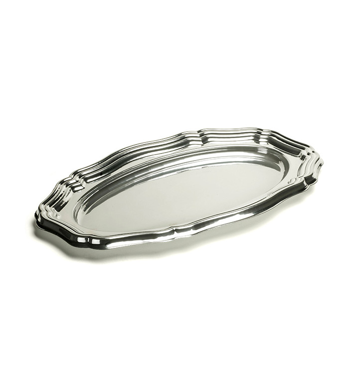 Bandeja Reutilizable PET Ovalada Plata 40x27cm (50 Uds)