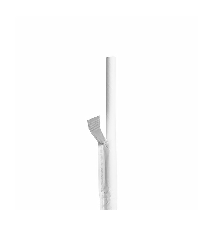 Pajita Recta Papel Blanco Enfundada Blanco Ø8mm 20cm (100 Uds)