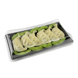 Bandeja Reutilizable PET Negra con Tapa  12x22cm (120 Uds)