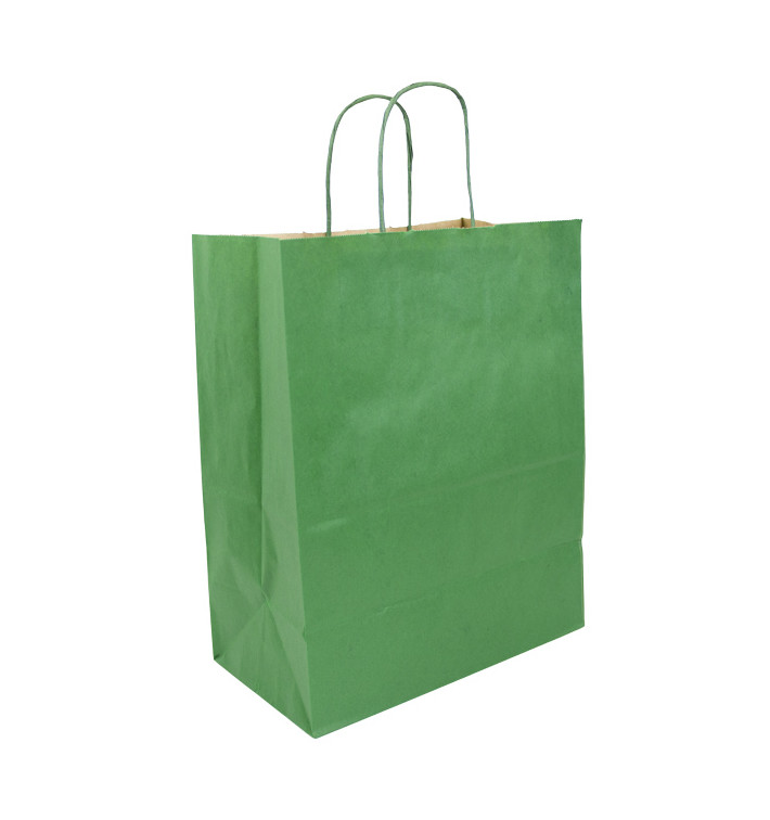 Bolsa Papel Kraft Verde con Asas 80g/m² 26+14x32cm (50 Uds)