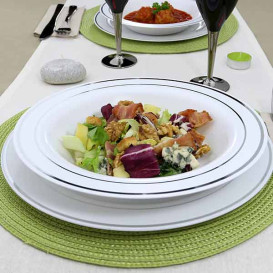 Plato Plastico Extra Rigido Hondo con Ribete Plata 23cm (200 Uds)