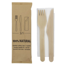 Set Cubiertos Madera Tenedor, Cuchillo y Servilleta (25 Uds)