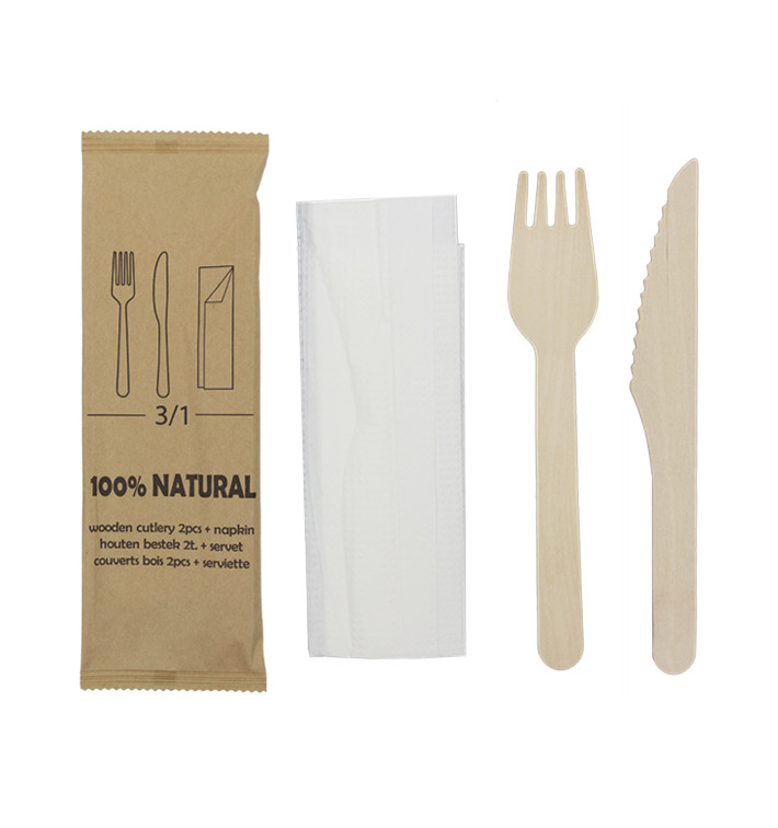 Set Cubiertos Madera Tenedor, Cuchillo y Servilleta (25 Uds)