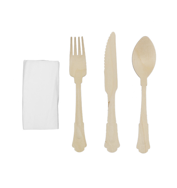 Set de Tenedor, Cuchiilo, Cuchara y Servilleta "Classic" de Madera 20cm (25 Uds)