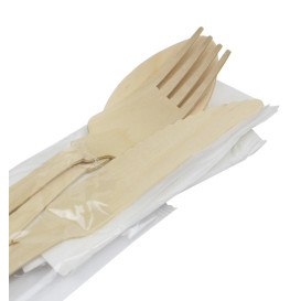 Set de Tenedor, Cuchiilo, Cuchara y Servilleta "Classic" de Madera 20cm (100 Uds)