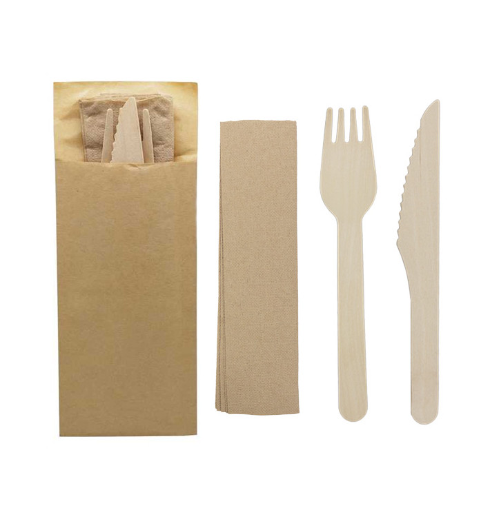 Set Cubiertos Madera Tenedor, Cuchillo y Servilleta (1.200 Uds)