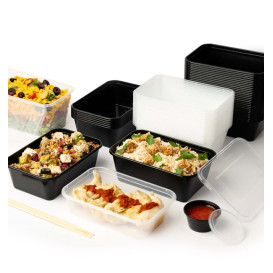 Tarrina Rectangular PP Negra con Tapa 1.000ml 17,3x11,9cm (500 Uds)