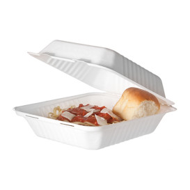 Envase Bisagra Caña de Azúcar + PLA Blanco 20x20x7,5cm (50 Uds)