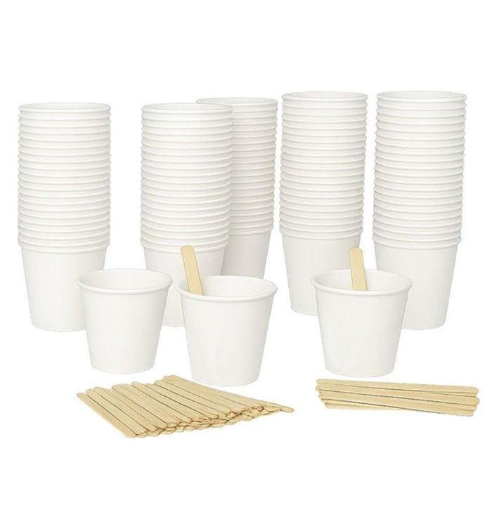 Pack Vaso Cartón Blanco 3Oz y Paletina 9cm (100 Uds)