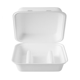 Envase para Tacos Tapa Bisagra Fibra Moldeada Blanco 3 Compartimentos 41x48x40cm (50 Uds)