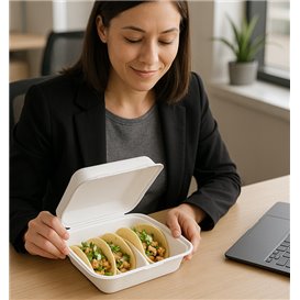 Envase para Tacos Tapa Bisagra Fibra Moldeada Blanco 3 Compartimentos 41x48x40cm (50 Uds)