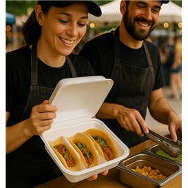 Envase para Tacos Tapa Bisagra Fibra Moldeada Blanco 3 Compartimentos 41x48x40cm (300 Uds)