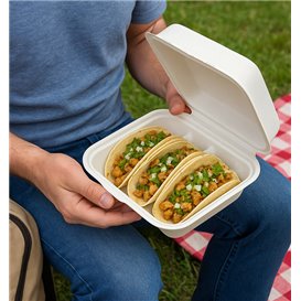 Envase para Tacos Tapa Bisagra Fibra Moldeada Blanco 3 Compartimentos 41x48x40cm (50 Uds)