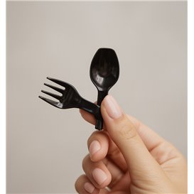 Cuchara-Tenedor Spork para Degustación Reutilizable Durable PP Negro 12cm (500 Uds)