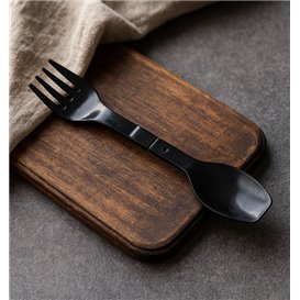 Cuchara-Tenedor Spork para Degustación Reutilizable Durable PP Negro 12cm (500 Uds)