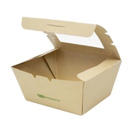 Caja Americana Cartón de Bambú Kraft con Ventana 11,5x9x6,5cm 700ml (200 Uds)