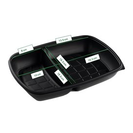 Envase de Plástico PP Reutilizable Negro 2C 1300ml 28x20x4cm (150 Uds)