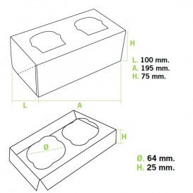 Caja 2 Cupcakes con Soporte 19,5x10x7,5cm Blanca (20 Uds)
