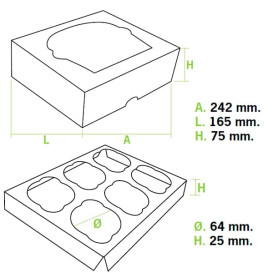 Caja 6 Cupcakes con Soporte 24,3x16,5x7,5cm Blanca (100 Uds)