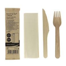 Set Cubiertos Madera Barnizado Tenedor, Cuchillo y Servilleta (25 Uds)