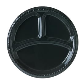 Plato de Plastico Party PS Llano Negro 3 compartimentos Ø260mm (25 Uds)