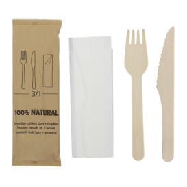 Set Cubiertos Madera Tenedor, Cuchillo y Servilleta (600 Uds)