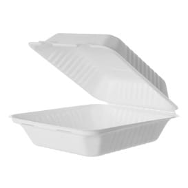 Envase Bisagra Caña de Azúcar + PLA Blanco 20x20x7,5cm (200 Uds)