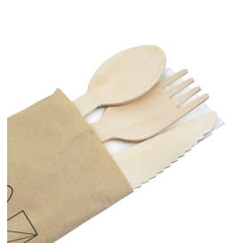 Set de Tenedor, Cuchillo, Cuchara y Servilleta Madera 20,5cm (600 Uds)