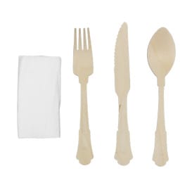 Set de Tenedor, Cuchiilo, Cuchara y Servilleta "Classic" de Madera 20cm (100 Uds)