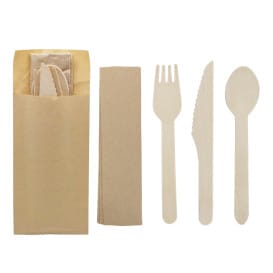 Set Cubiertos Madera Tenedor, Cuchillo, Cuchara y Servilleta (1.200 Uds)